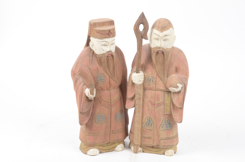 Pair of Vintage Chinese Carved Wood Figures