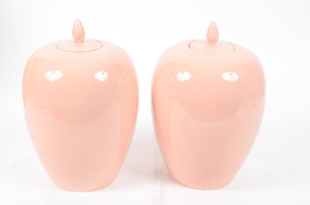 Pair of Pink Ceramic Vintage Urns