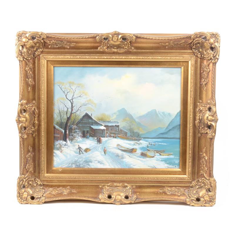 Framed Oil Painting of a Winter Landscape