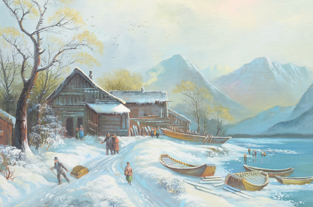 Framed Oil Painting of a Winter Landscape