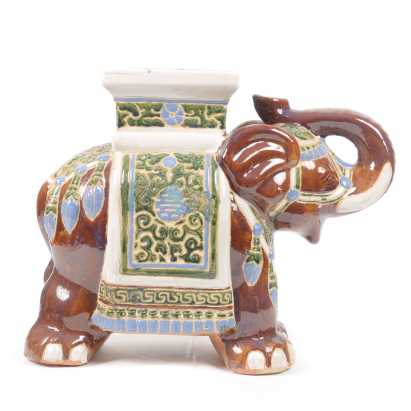 Asian Inspired Hand-Painted Ceramic Elephant Stool