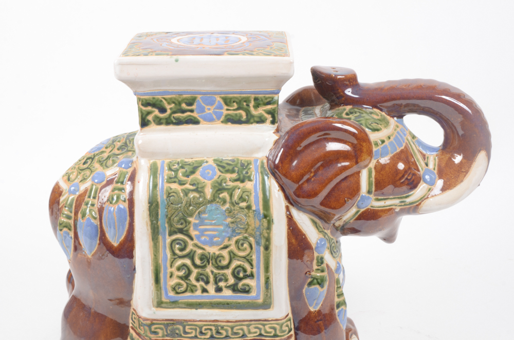 Asian Inspired Hand-Painted Ceramic Elephant Stool