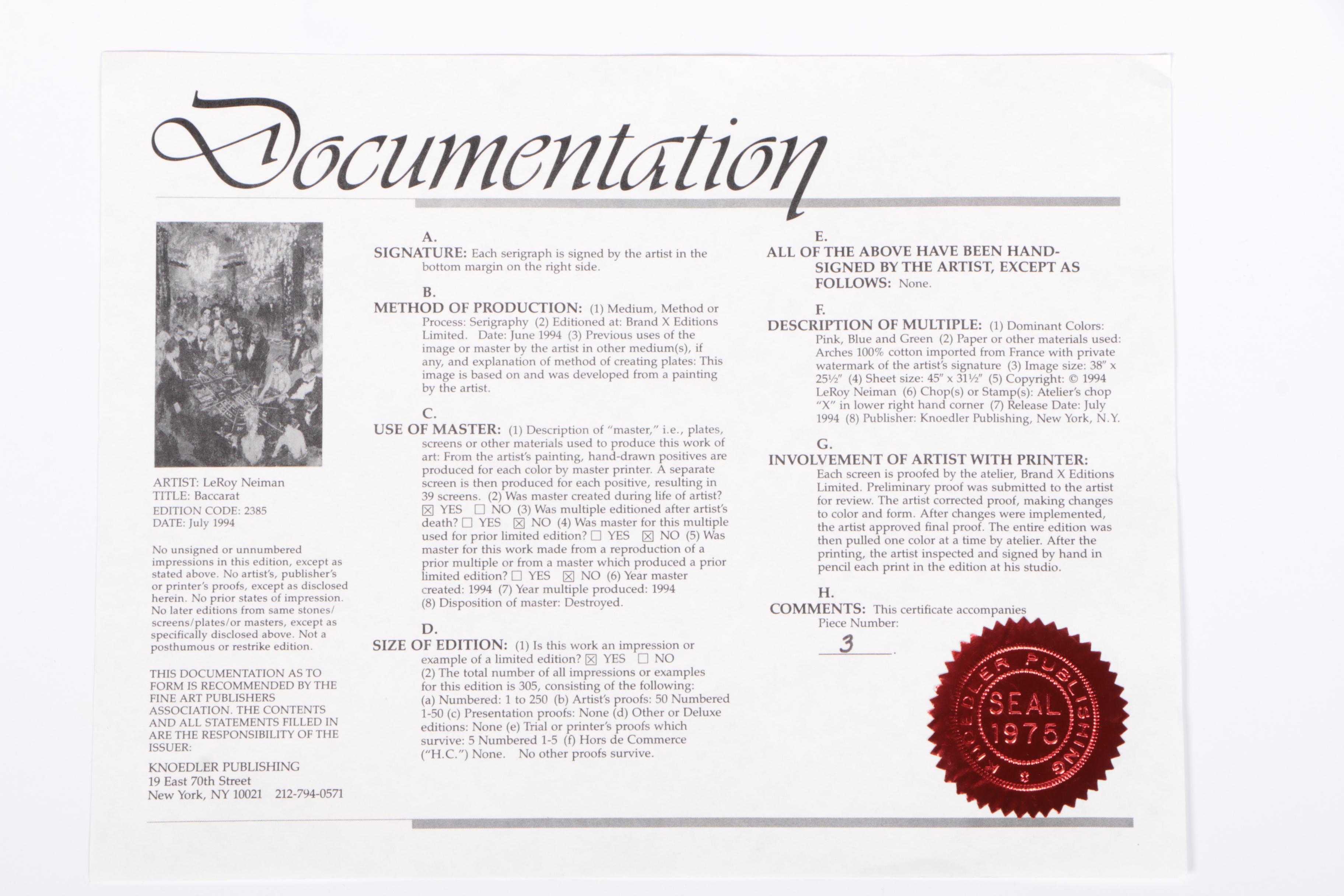 LeRoy Neiman 1994 Signed Limited Edition Serigraph "Baccarat"