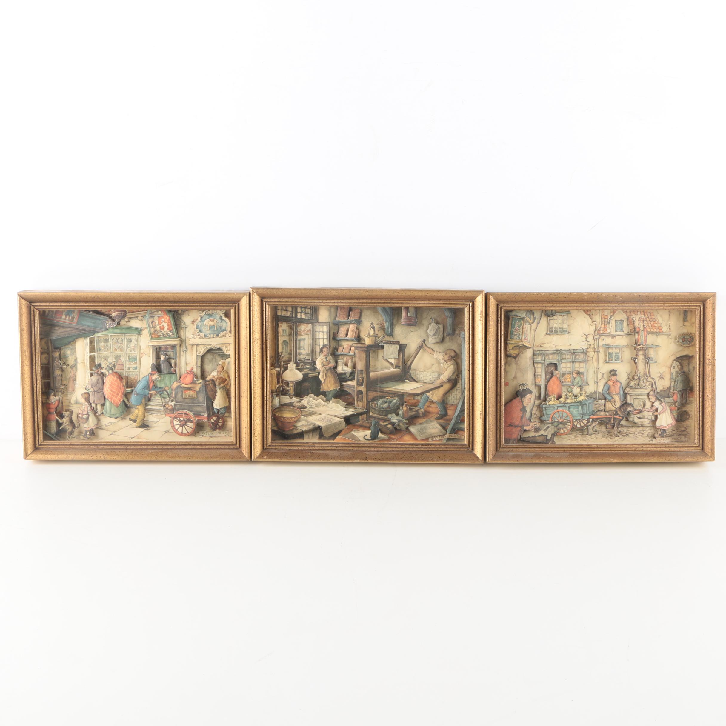 After Anton Pieck 3D Decoupage Collages With Offset Lithographs in Shadow Boxes
