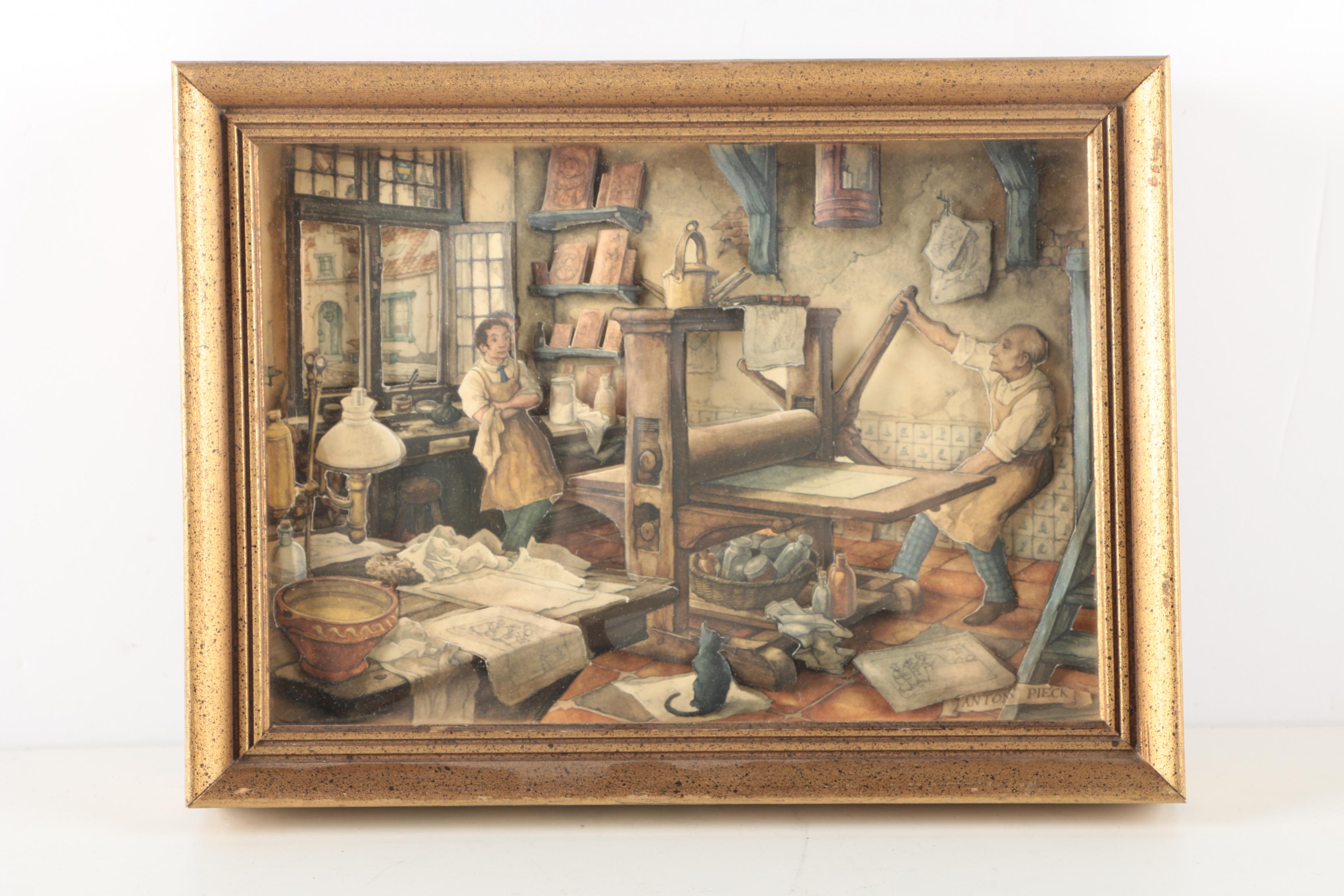 After Anton Pieck 3D Decoupage Collages With Offset Lithographs in Shadow Boxes