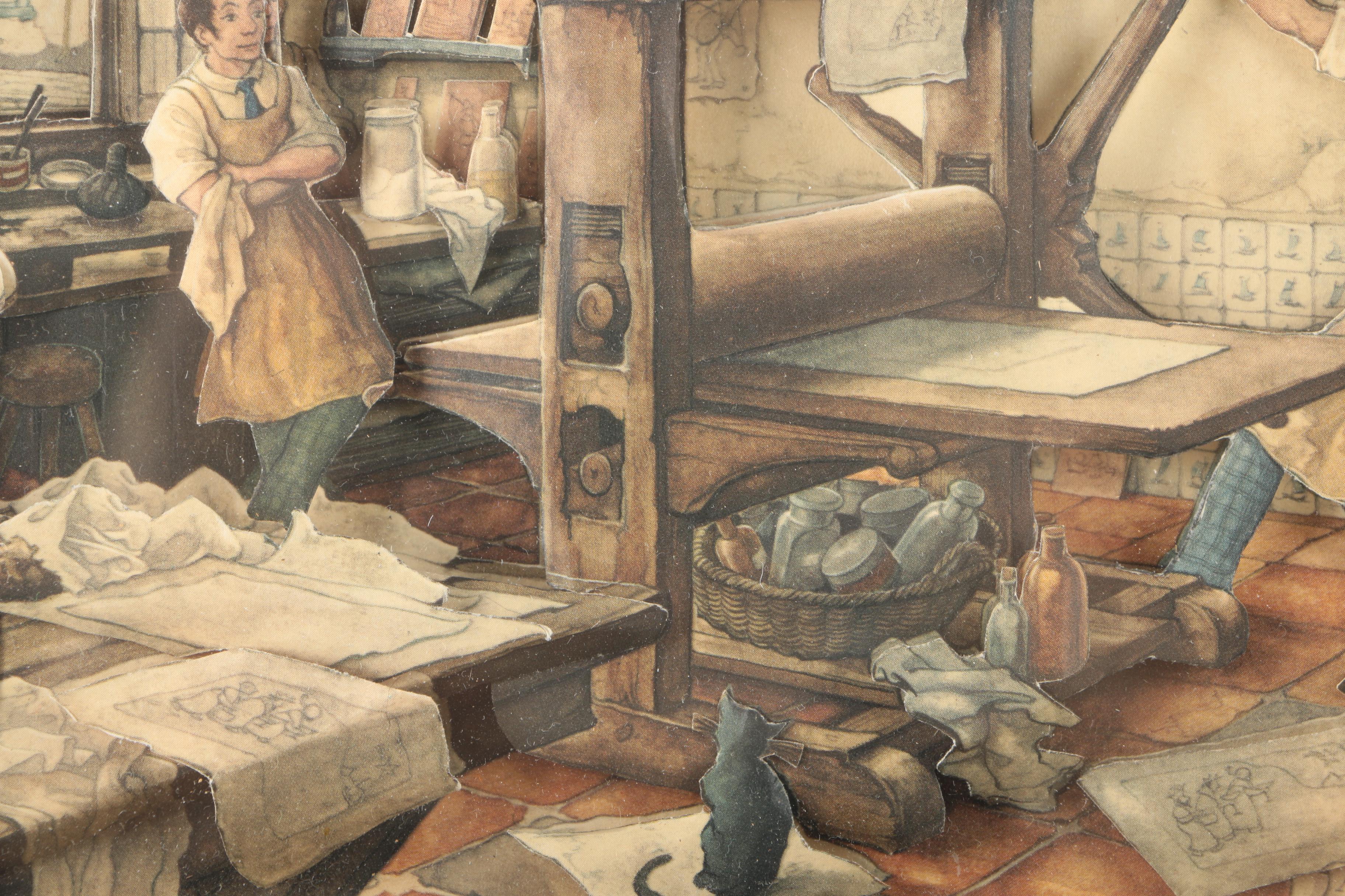 After Anton Pieck 3D Decoupage Collages With Offset Lithographs in Shadow Boxes