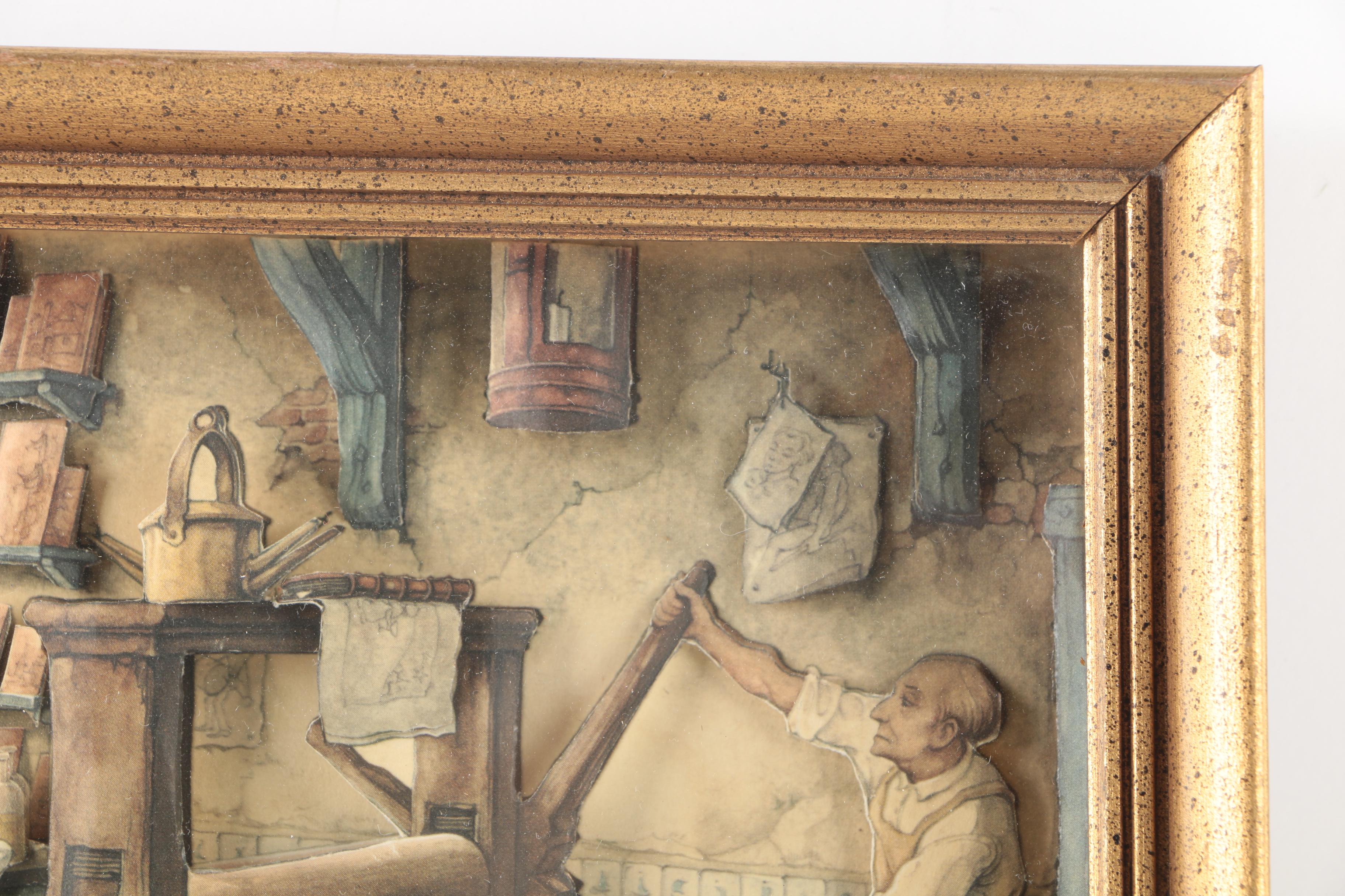 After Anton Pieck 3D Decoupage Collages With Offset Lithographs in Shadow Boxes