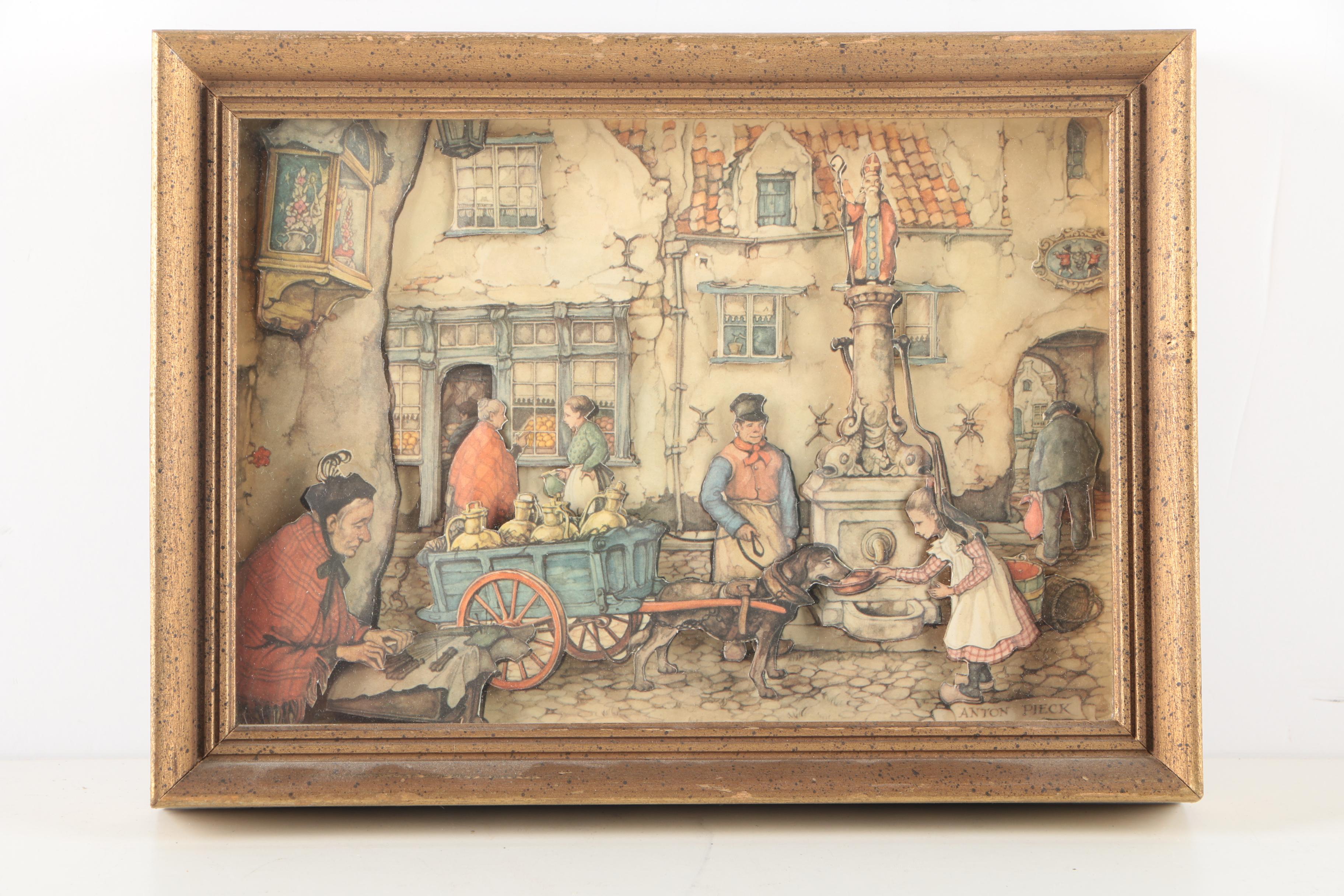 After Anton Pieck 3D Decoupage Collages With Offset Lithographs in Shadow Boxes