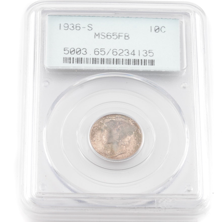Graded MS65FB (By PCGS) 1936 S Silver Mercury Dime