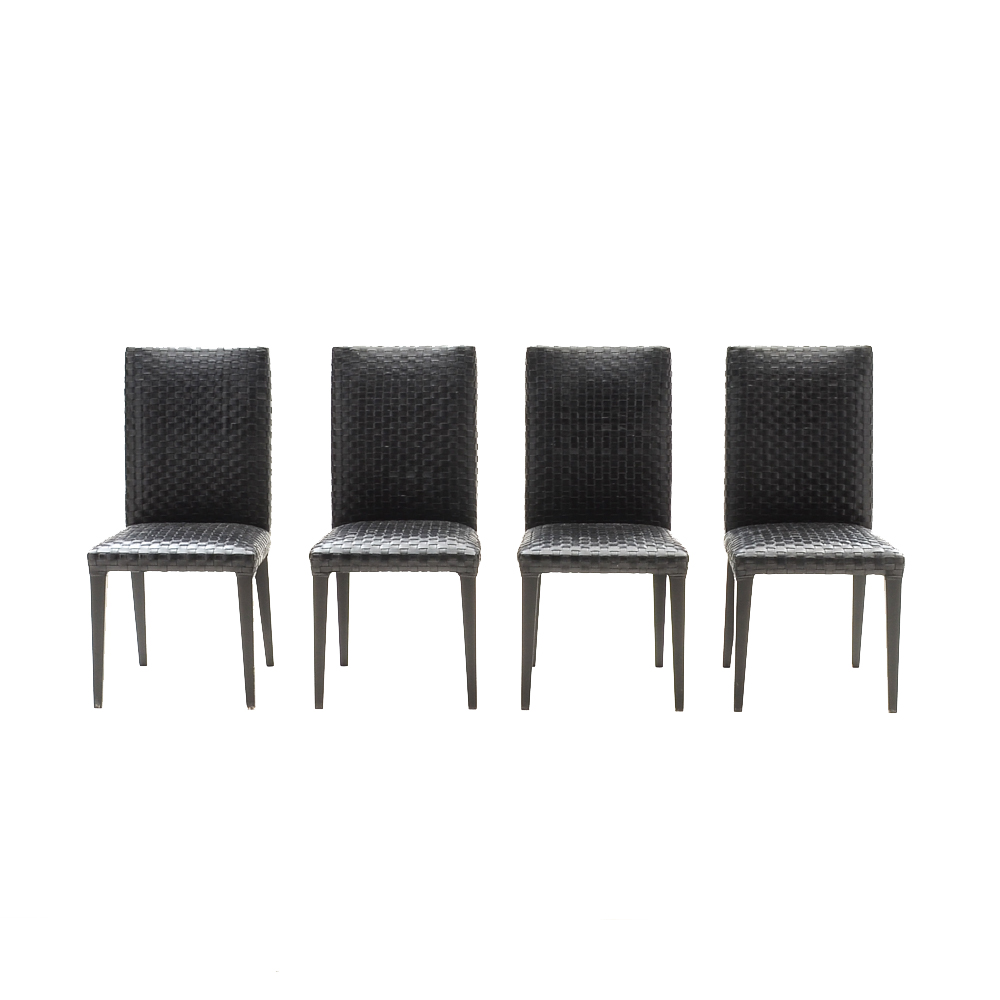 Set of Four Woven Black Leather Dining Chairs