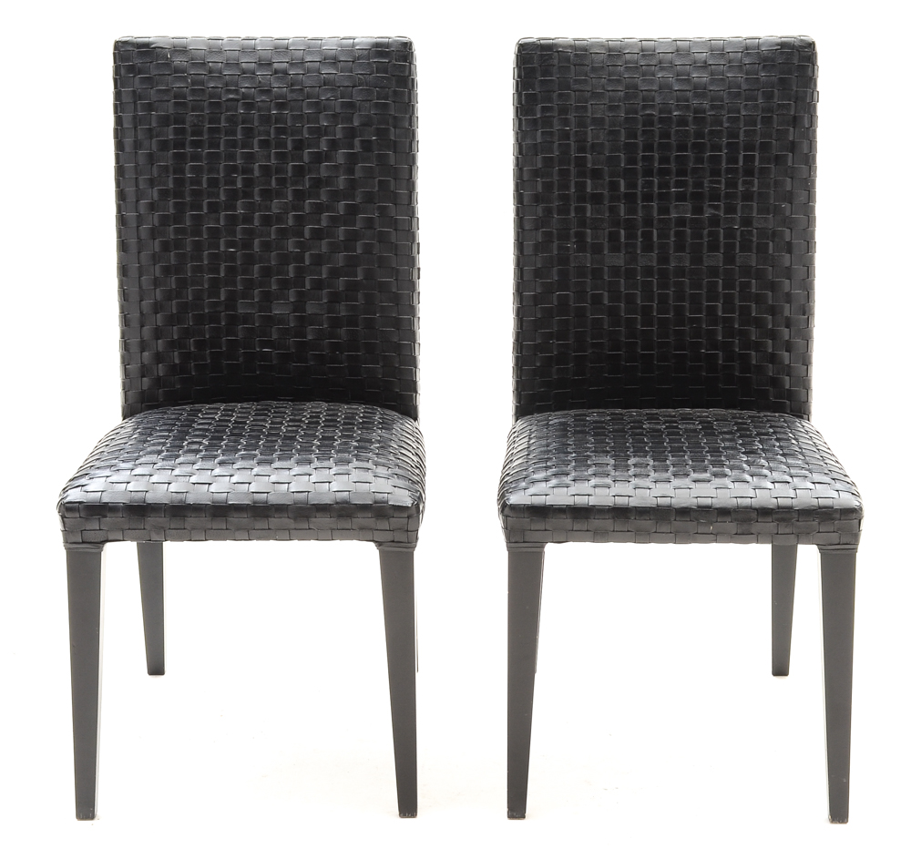 Set of Four Woven Black Leather Dining Chairs