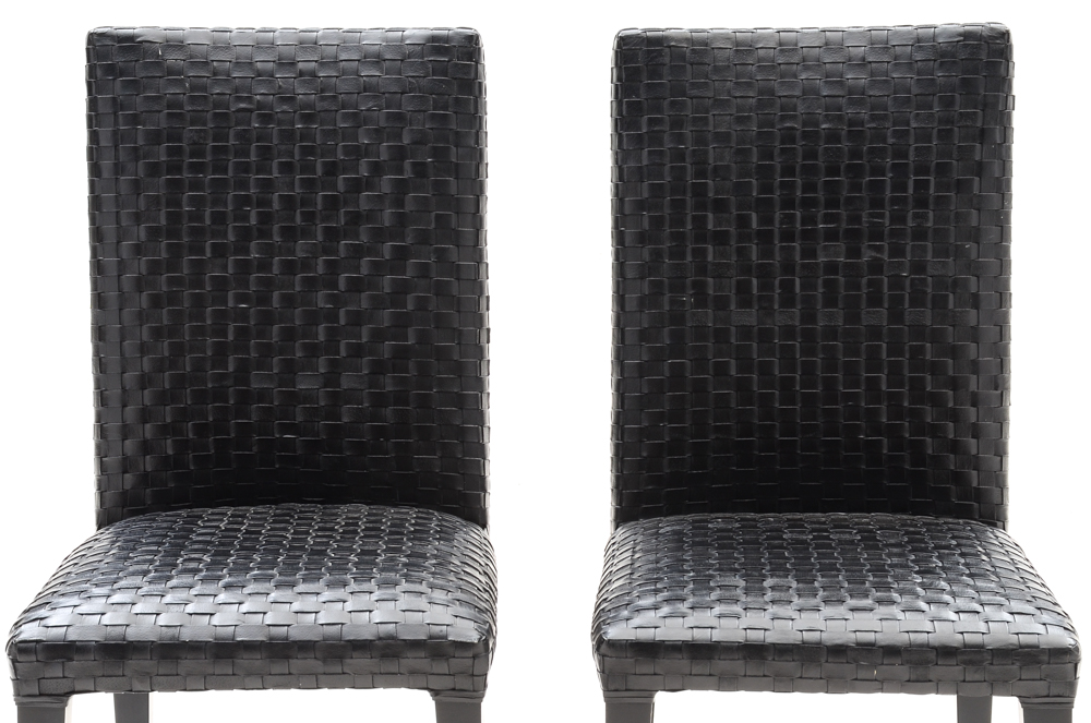 Set of Four Woven Black Leather Dining Chairs