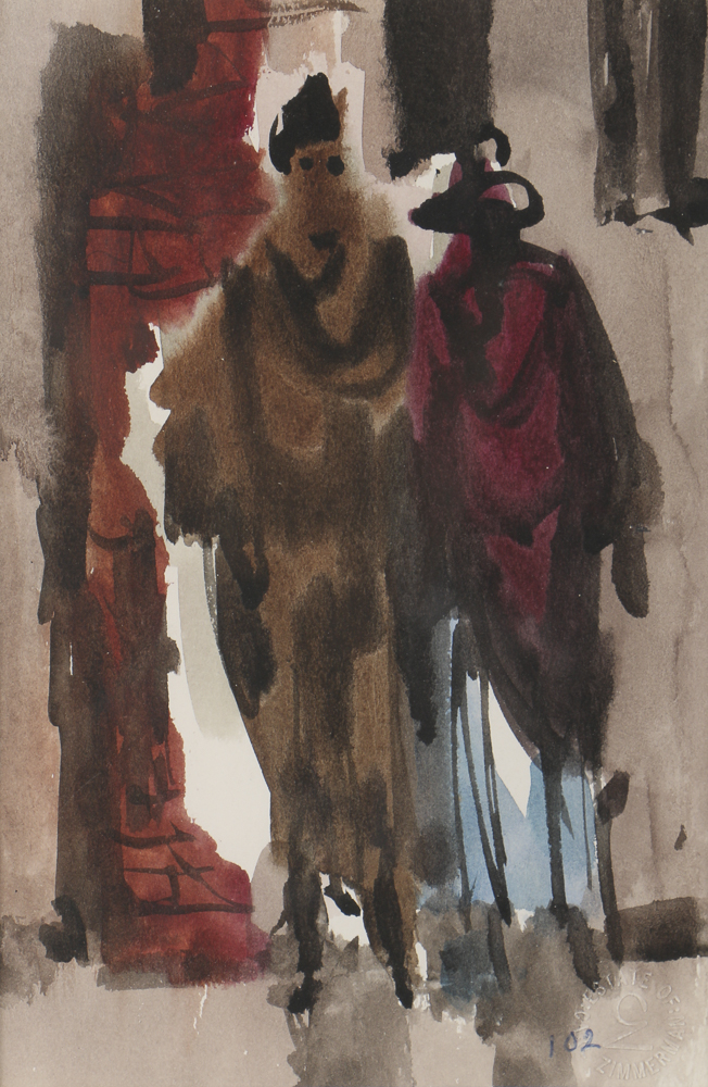 Carl Zimmerman Watercolor Painting on Paper of Abstract Figures