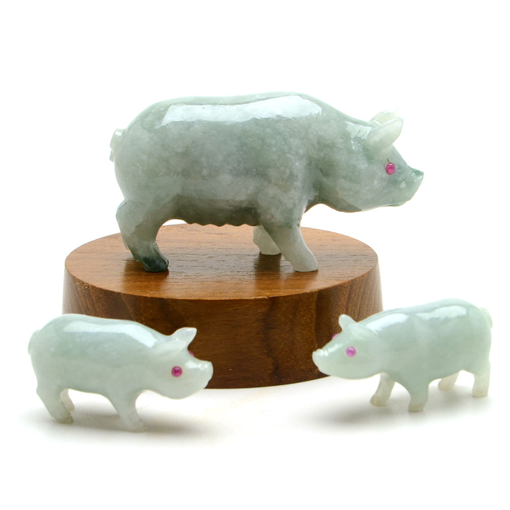 Carved Jadeite Mother Sow and Two Piglets with Ruby Eyes