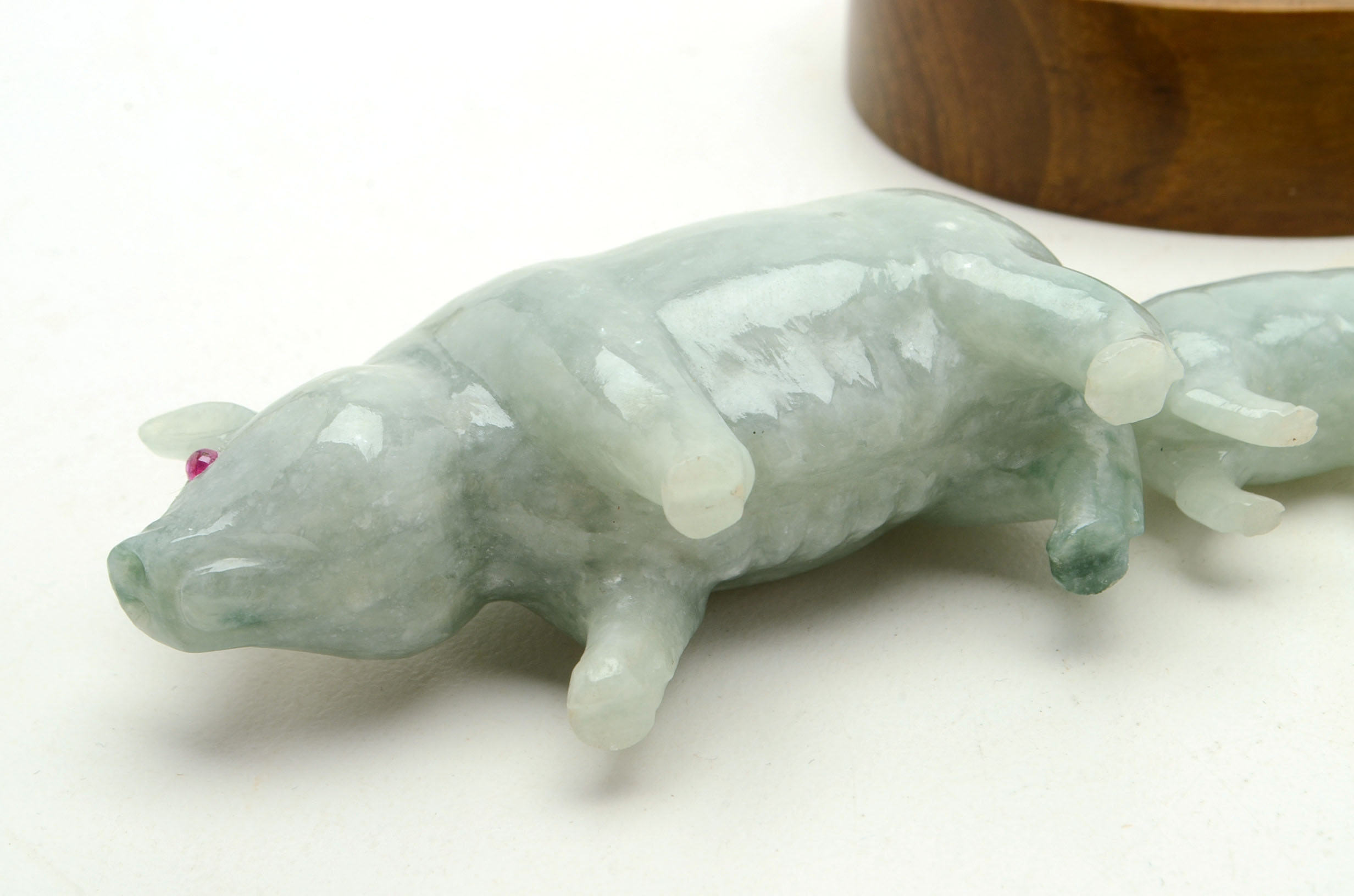 Carved Jadeite Mother Sow and Two Piglets with Ruby Eyes