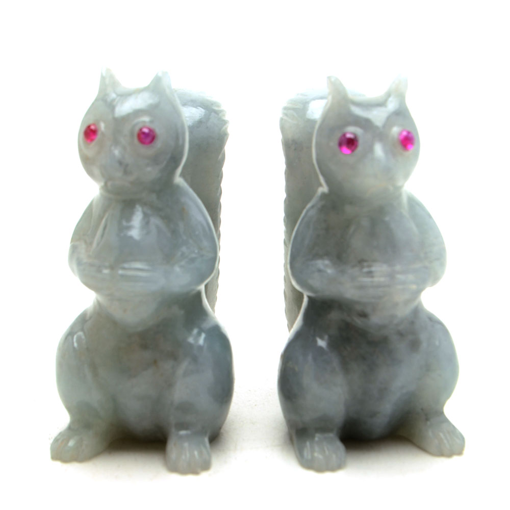 Pair of Carved Jadeite Squirrel Figures with Ruby Eyes
