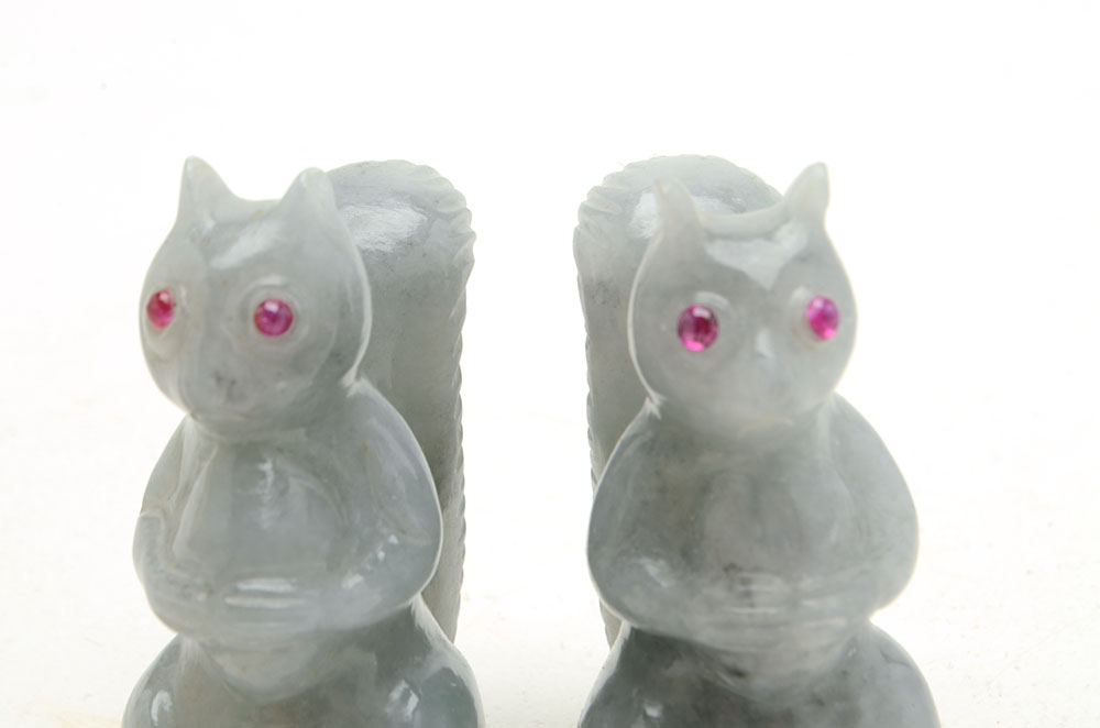 Pair of Carved Jadeite Squirrel Figures with Ruby Eyes