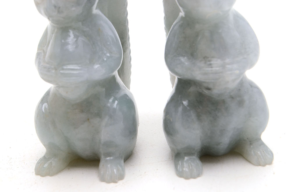 Pair of Carved Jadeite Squirrel Figures with Ruby Eyes