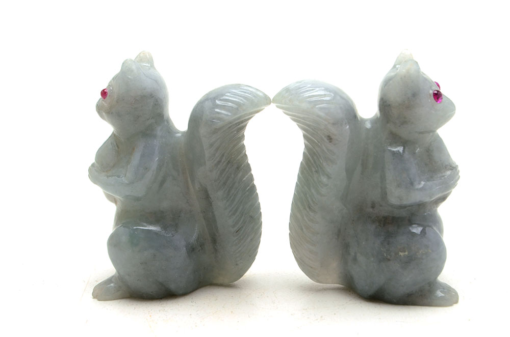 Pair of Carved Jadeite Squirrel Figures with Ruby Eyes