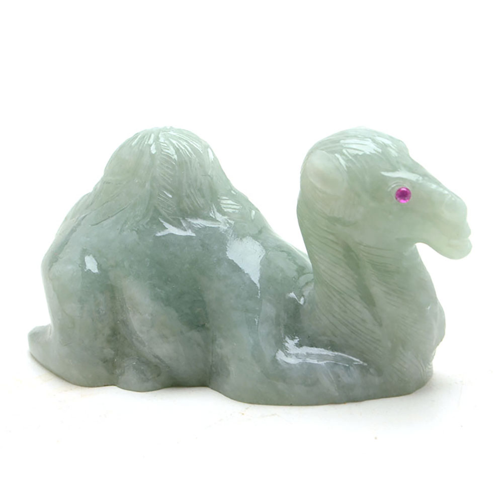 Carved Jadeite Camel Figure with Ruby Eyes