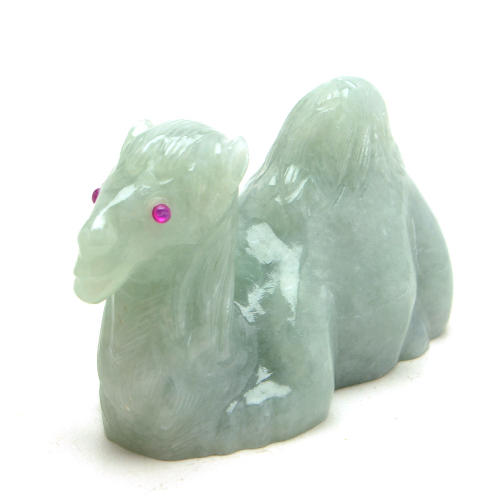 Carved Jadeite Camel Figure with Ruby Eyes
