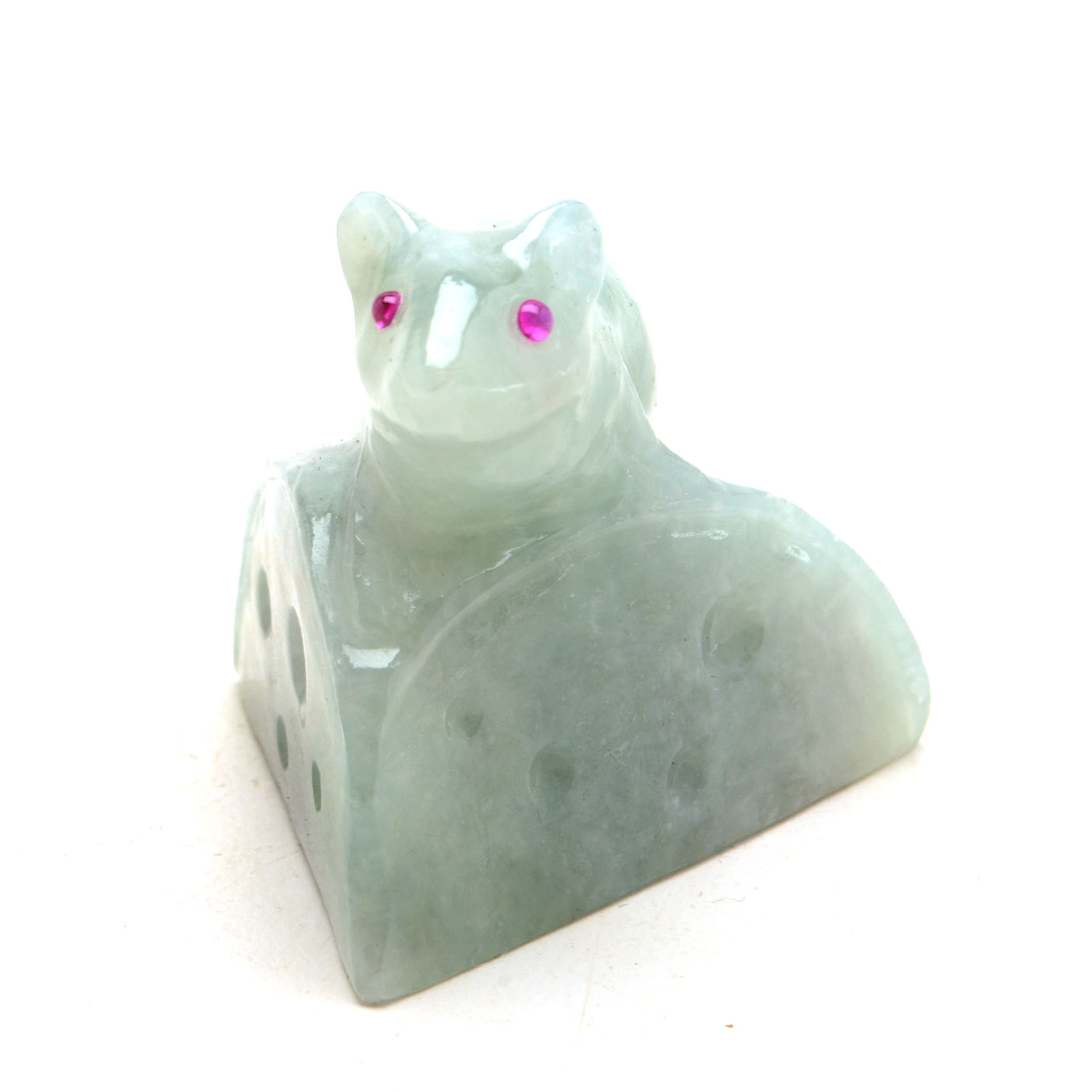 Carved Jadeite Rat with Cheese Figurine with Ruby Eyes