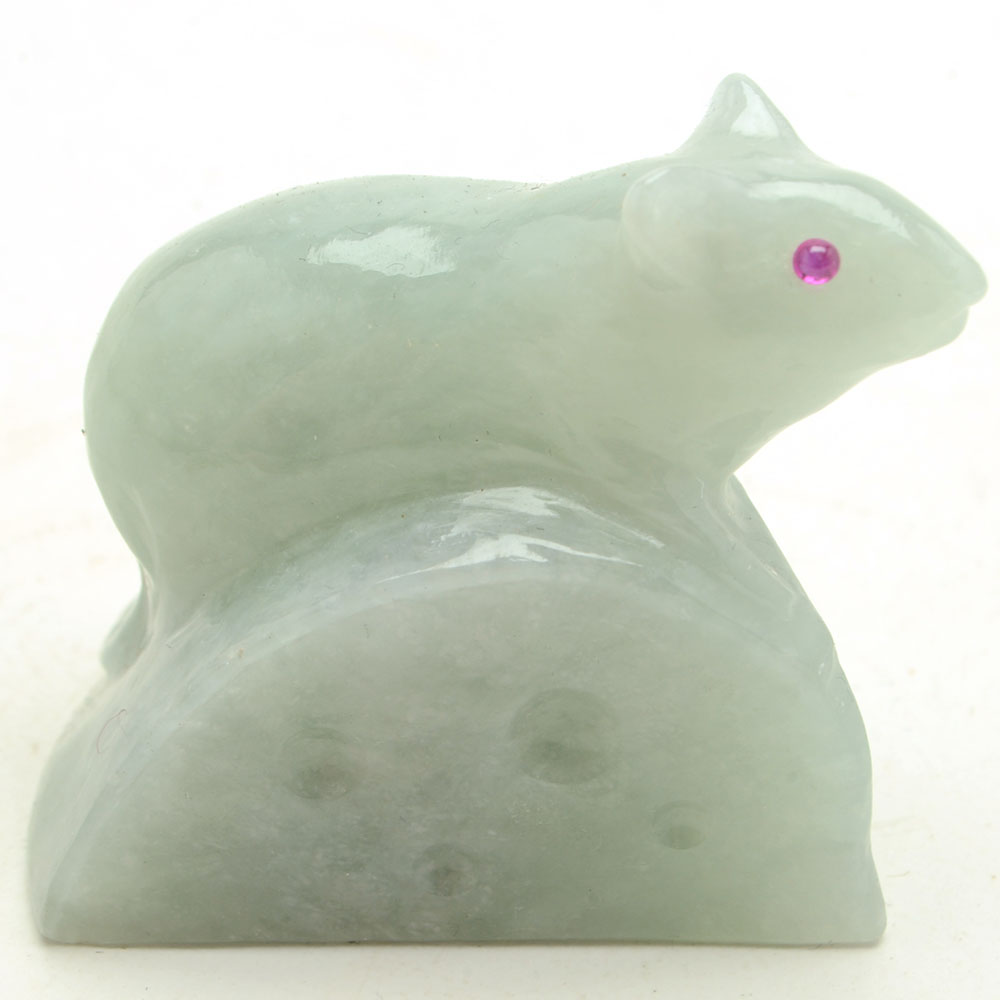 Carved Jadeite Rat with Cheese Figurine with Ruby Eyes