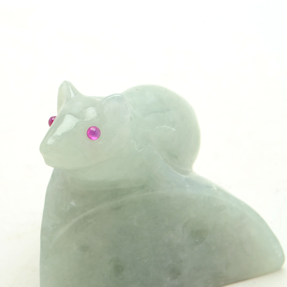 Carved Jadeite Rat with Cheese Figurine with Ruby Eyes