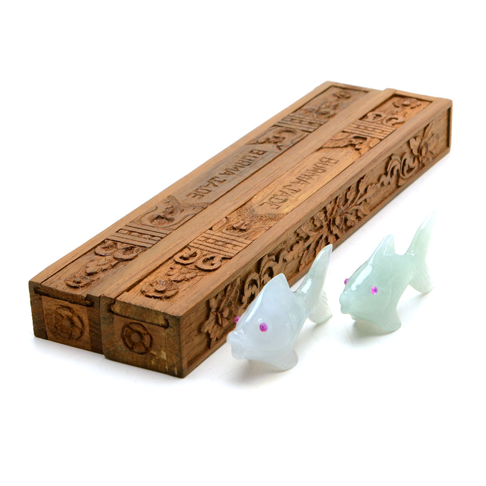 Four Carved Jadeite Chop Sticks with Jadeite Goldfish Rests