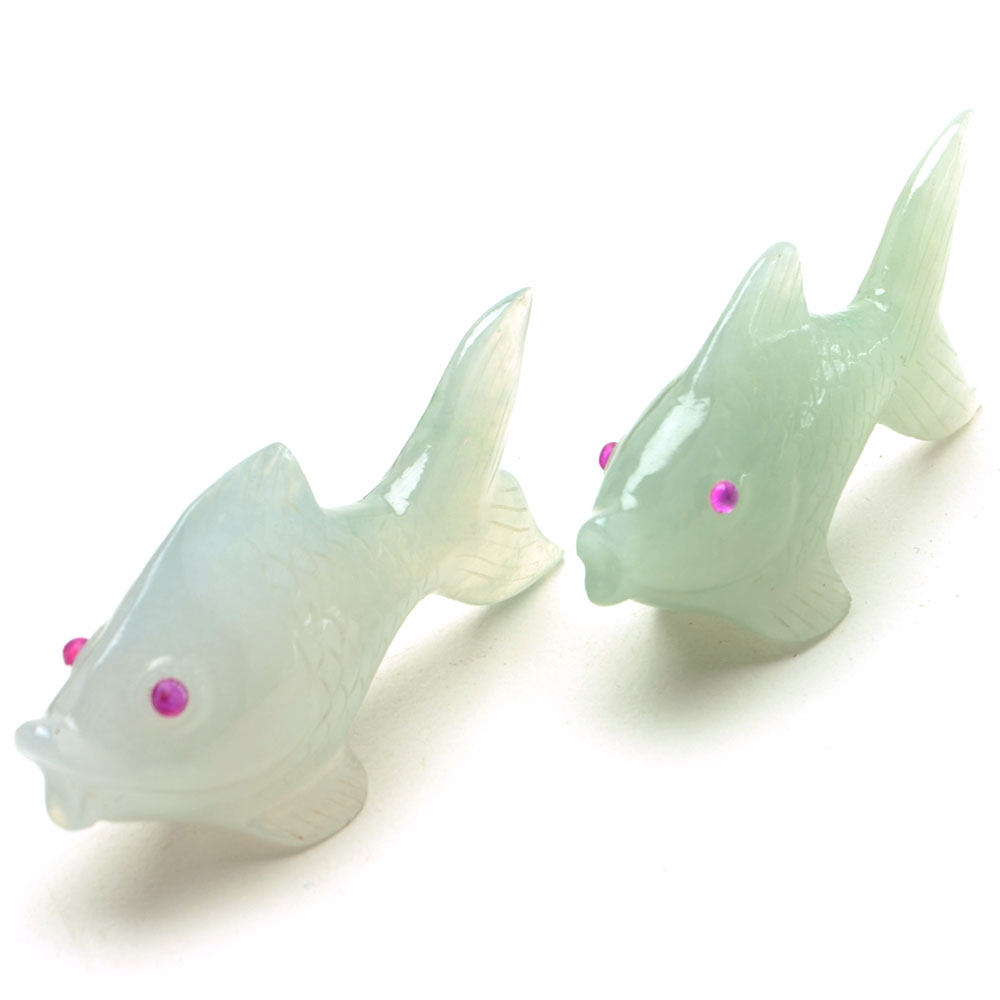Four Carved Jadeite Chop Sticks with Jadeite Goldfish Rests