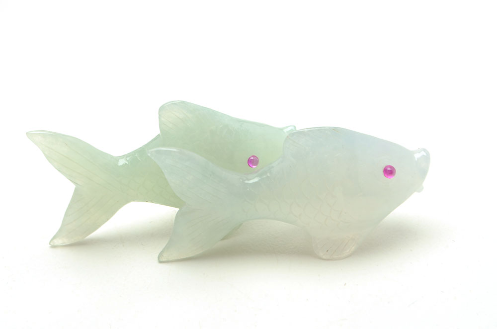 Four Carved Jadeite Chop Sticks with Jadeite Goldfish Rests