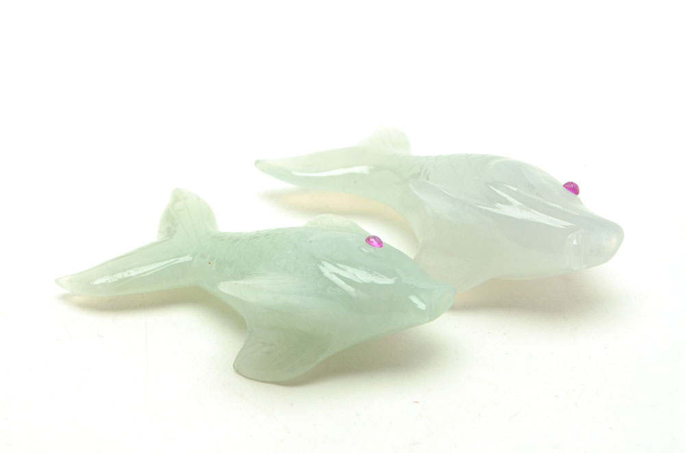 Four Carved Jadeite Chop Sticks with Jadeite Goldfish Rests