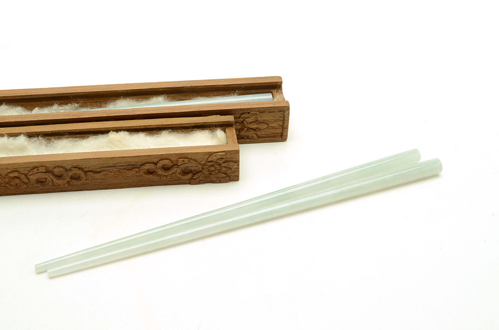 Four Carved Jadeite Chop Sticks with Jadeite Goldfish Rests