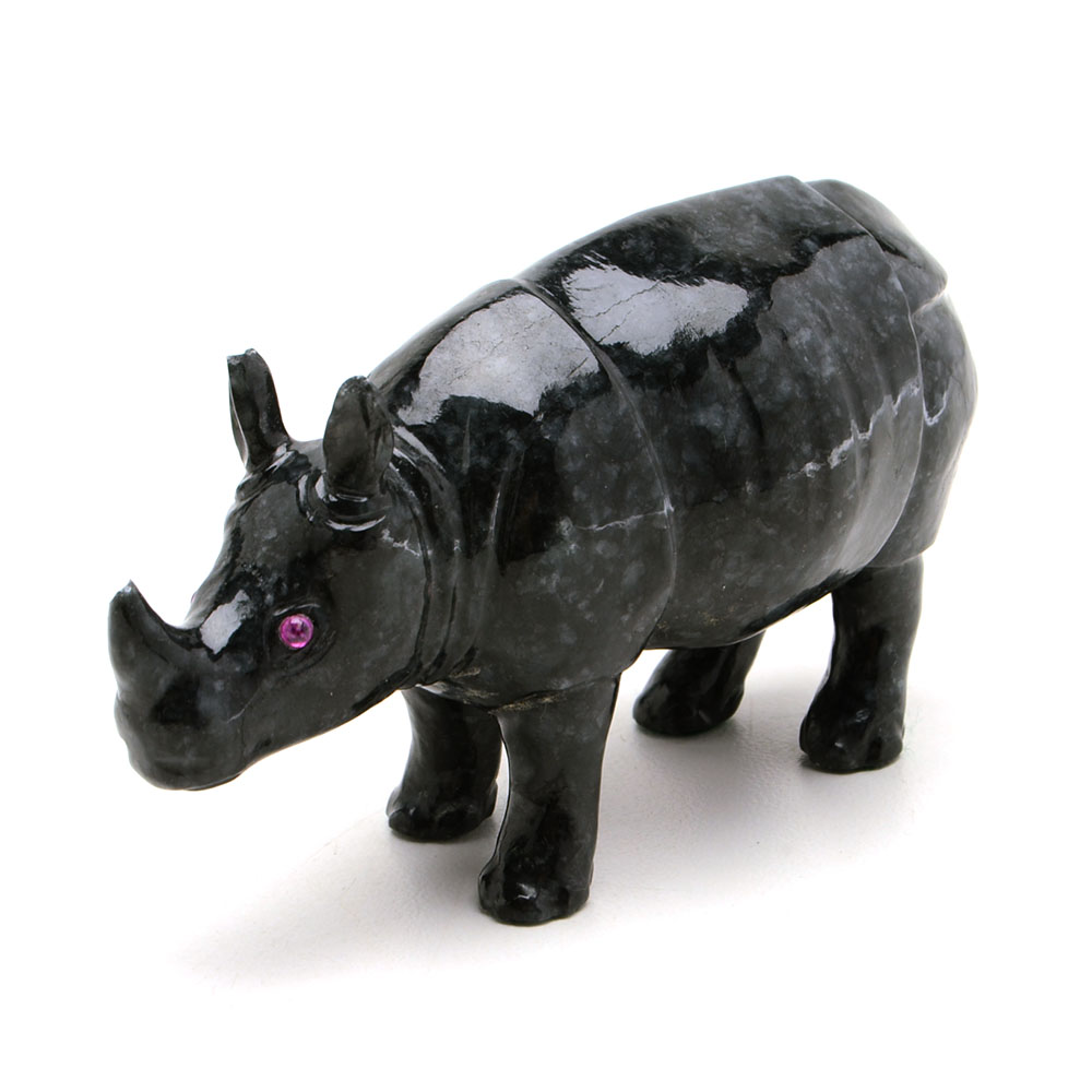 Carved Jadeite Rhinoceros Figure with Ruby Eyes