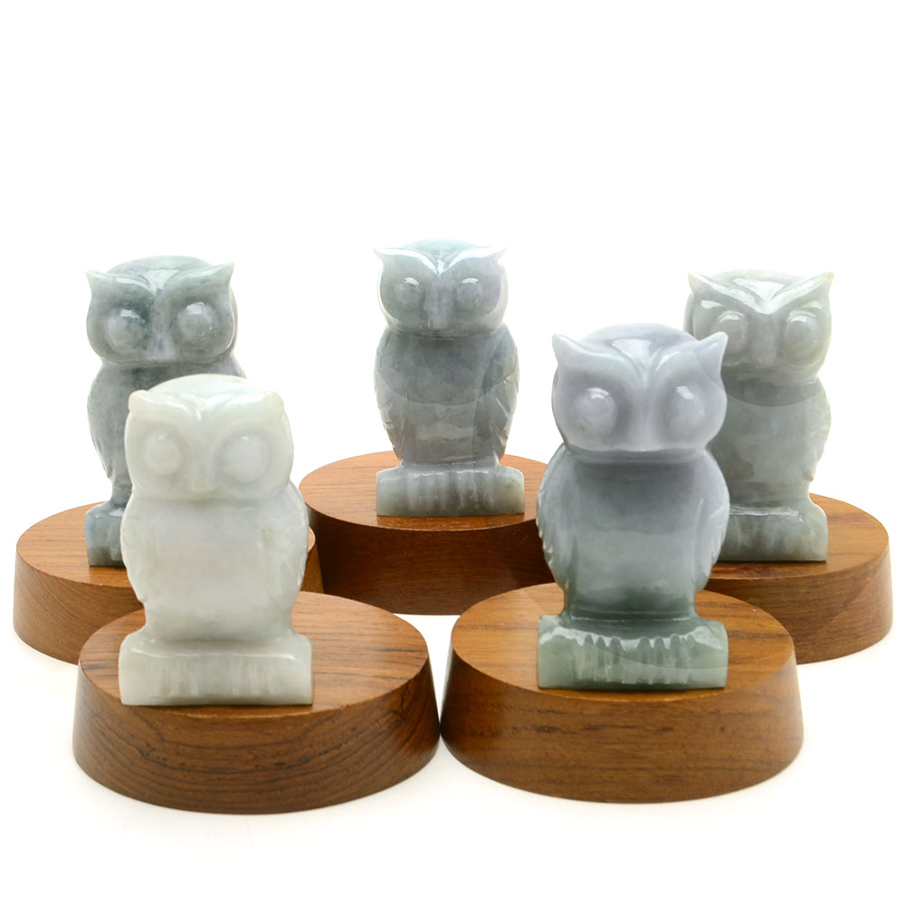 Set of Five Carved Jadeite Owls Figures with Wood Stands
