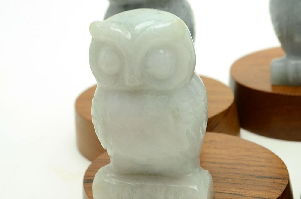 Set of Five Carved Jadeite Owls Figures with Wood Stands