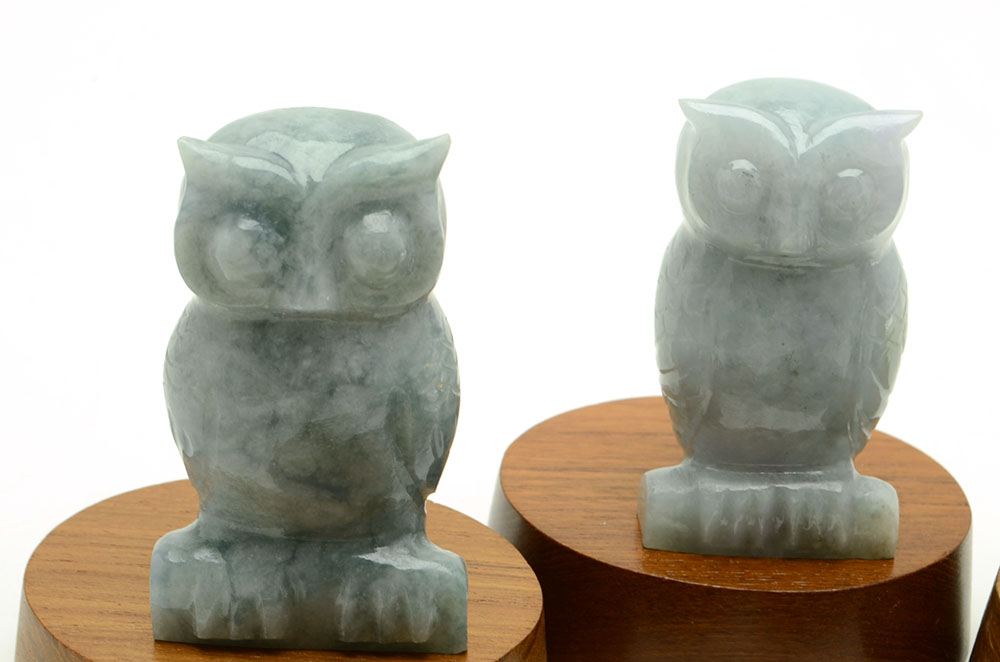 Set of Five Carved Jadeite Owls Figures with Wood Stands