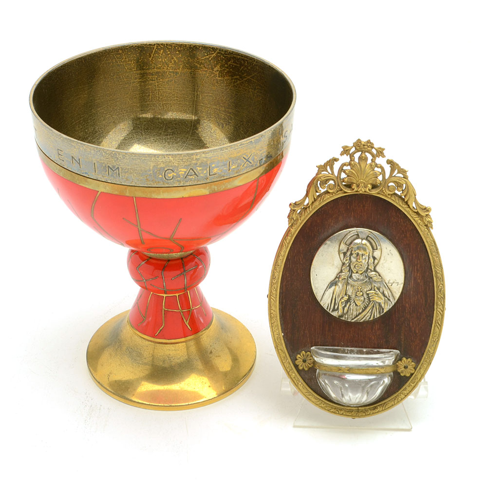 French Enameled Chalice and Holy Water Font
