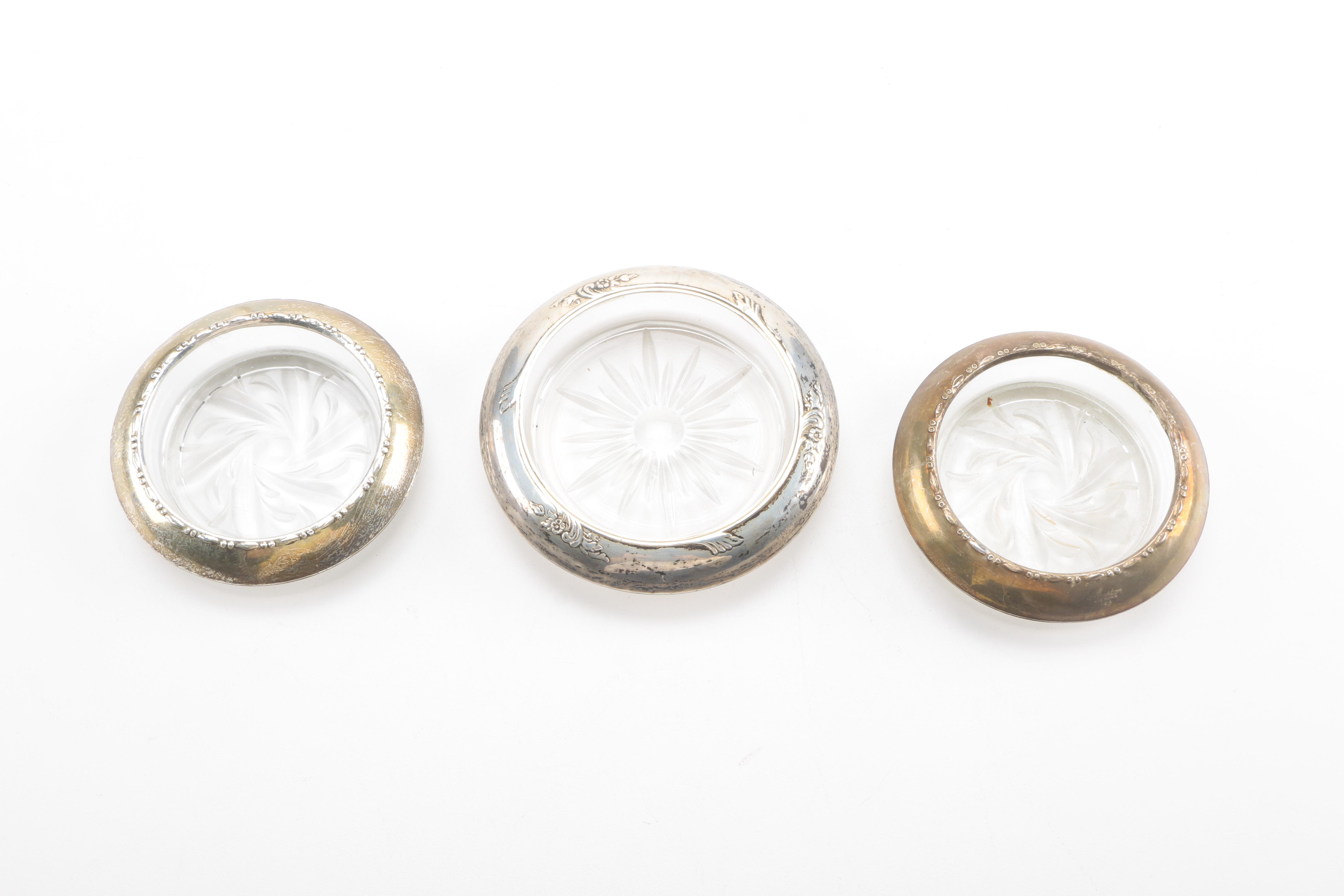Vintage Cut Glass Coasters With Sterling Silver Rims
