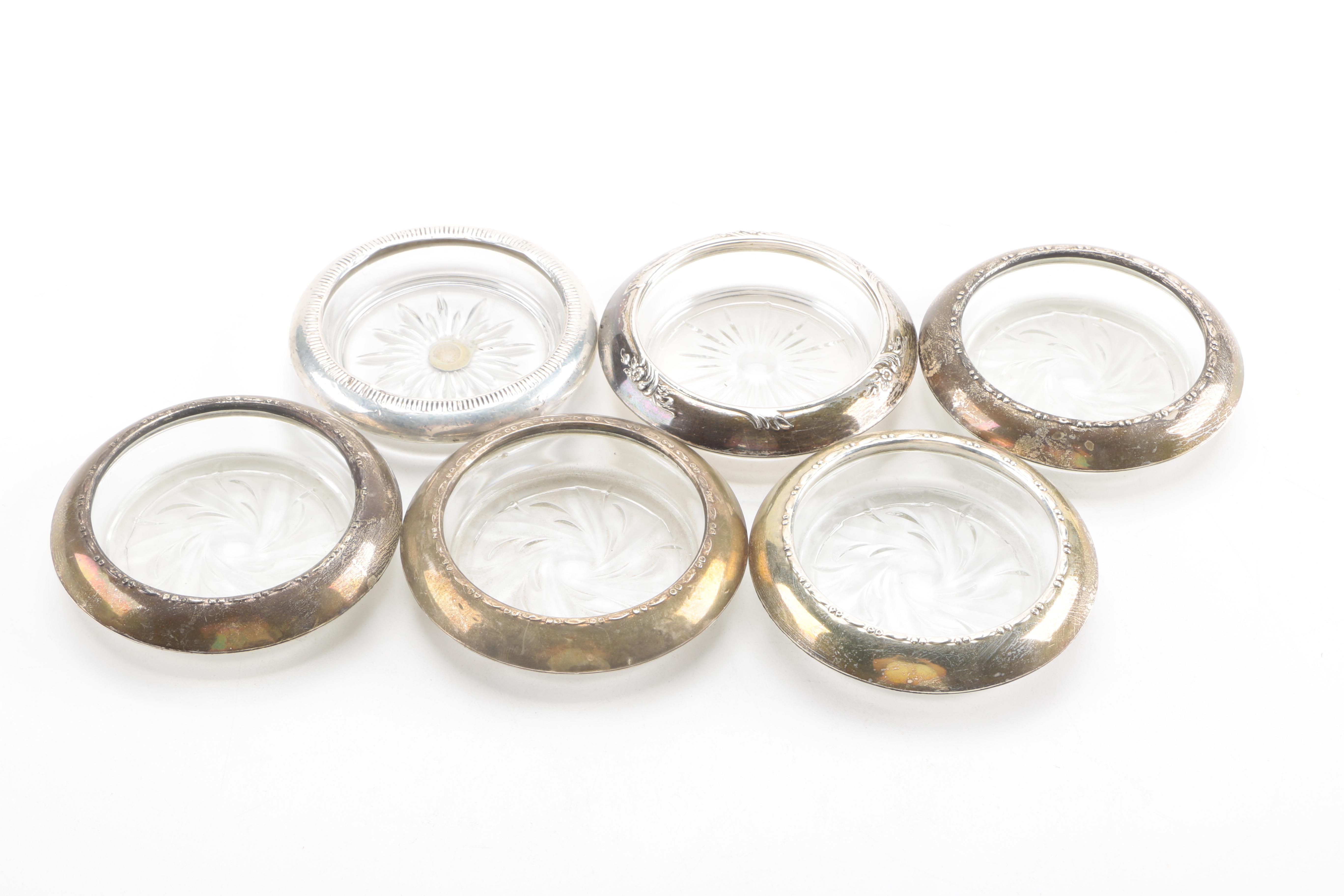 Vintage Cut Glass Coasters With Sterling Silver Rims
