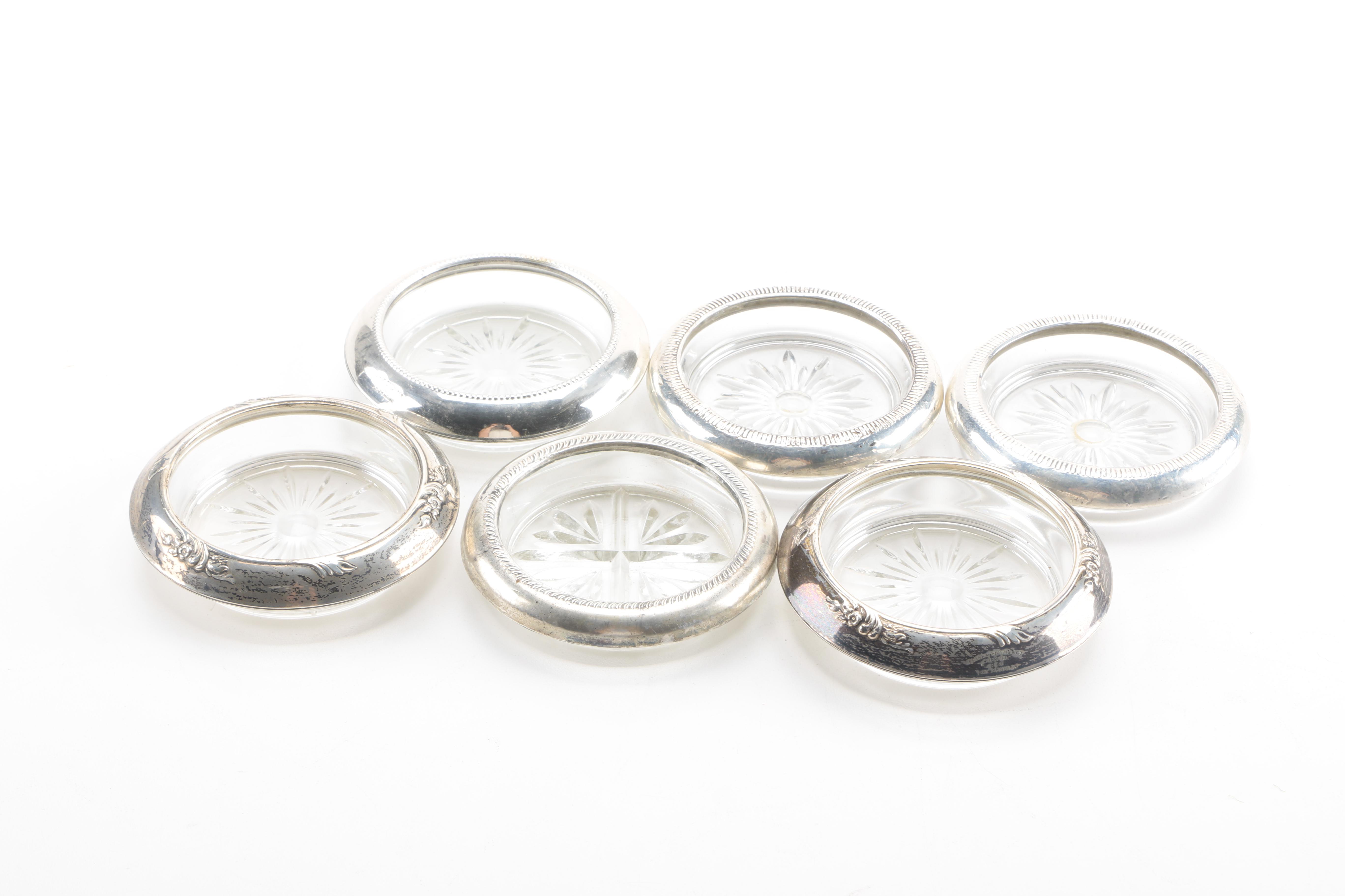 Vintage Cut Glass Coasters With Sterling Silver Rims