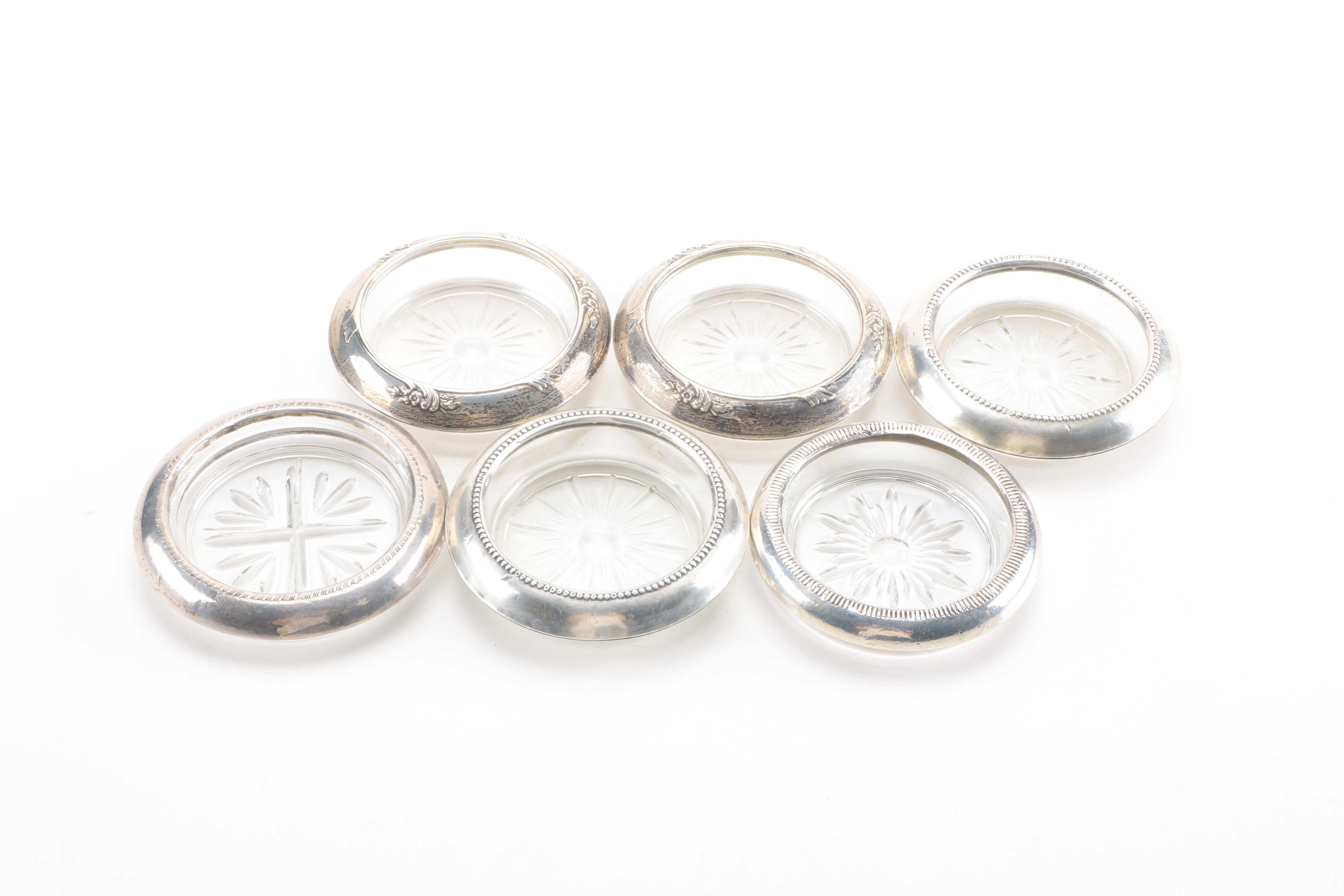 Vintage Cut Glass Coasters With Sterling Silver Rims
