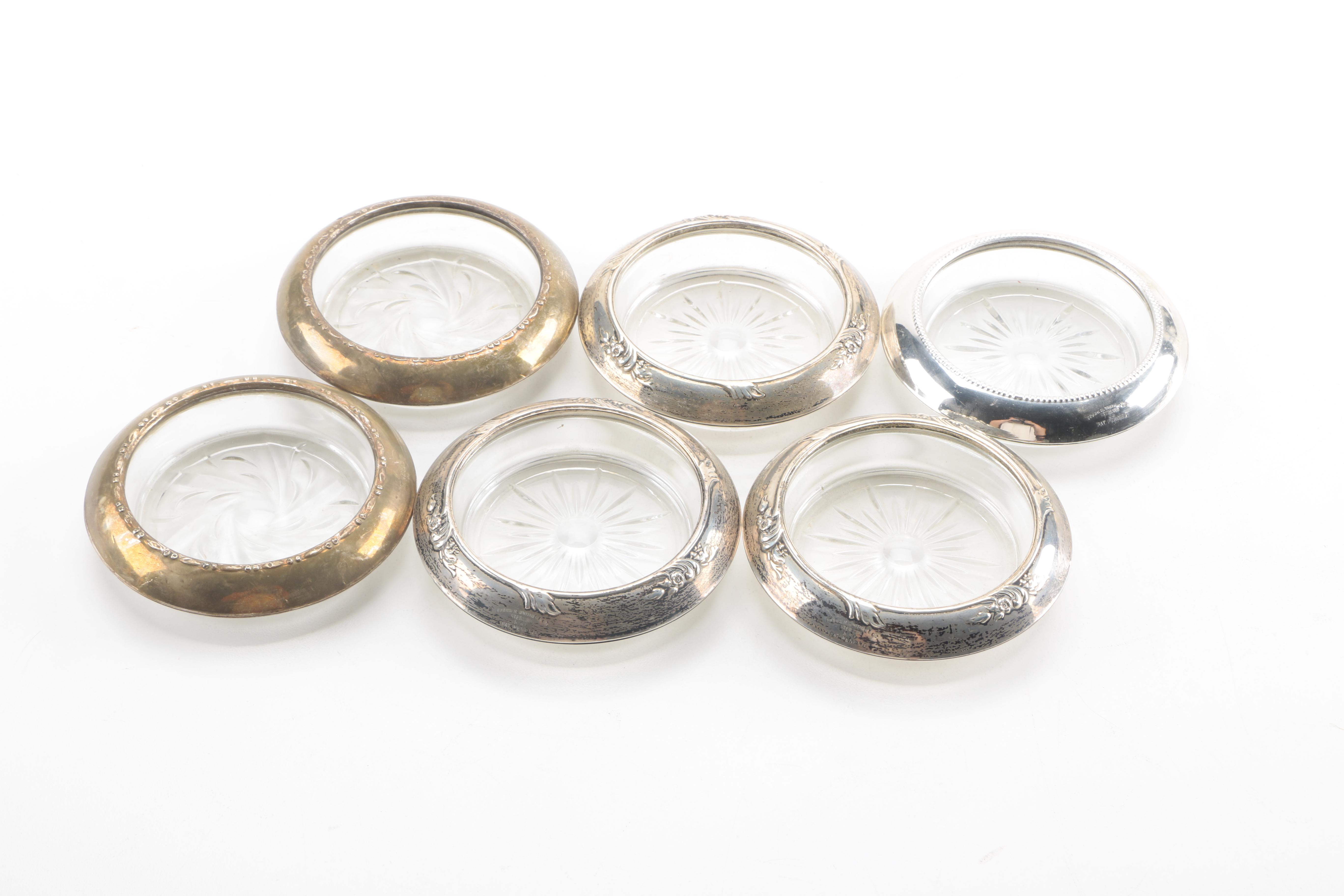 Vintage Cut Glass Coasters With Sterling Silver Rims