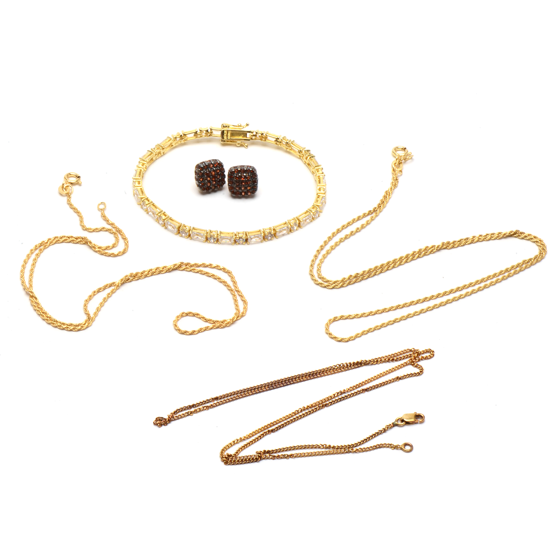 Vermeil Chains with Garnet Earrings and Cubic Zirconia Bracelet