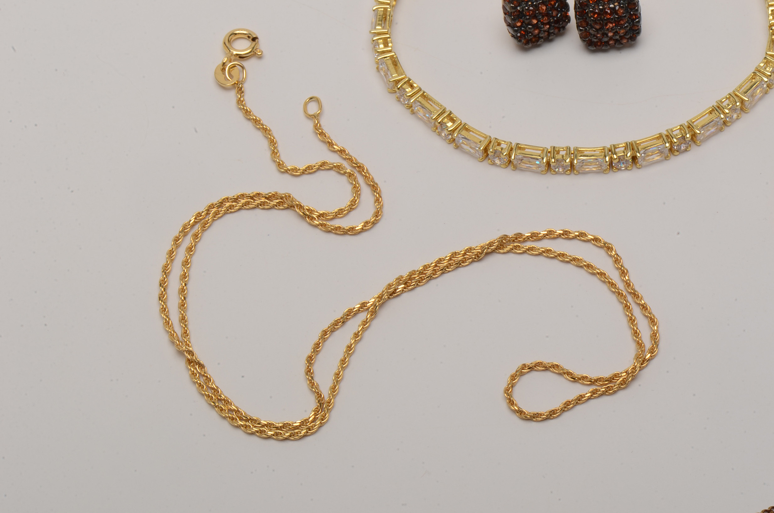 Vermeil Chains with Garnet Earrings and Cubic Zirconia Bracelet