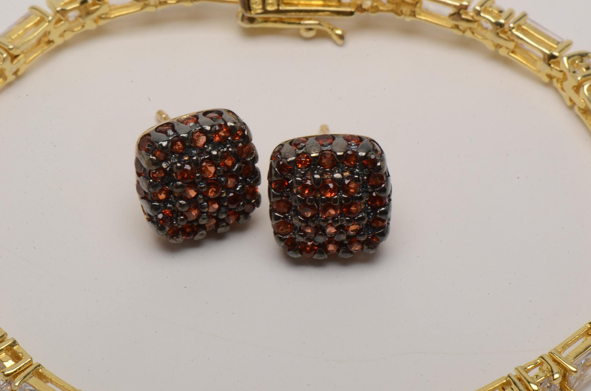 Vermeil Chains with Garnet Earrings and Cubic Zirconia Bracelet