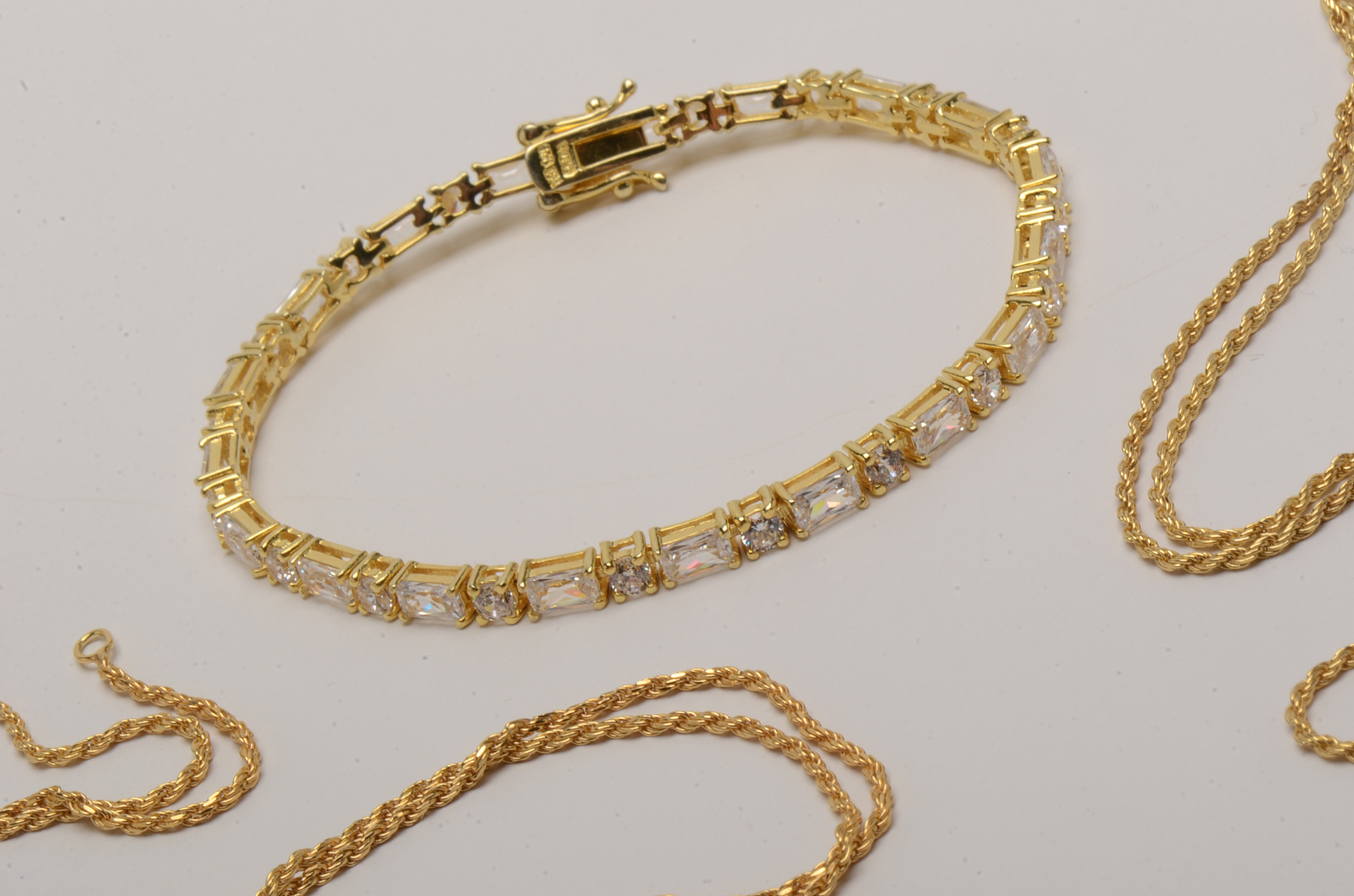 Vermeil Chains with Garnet Earrings and Cubic Zirconia Bracelet