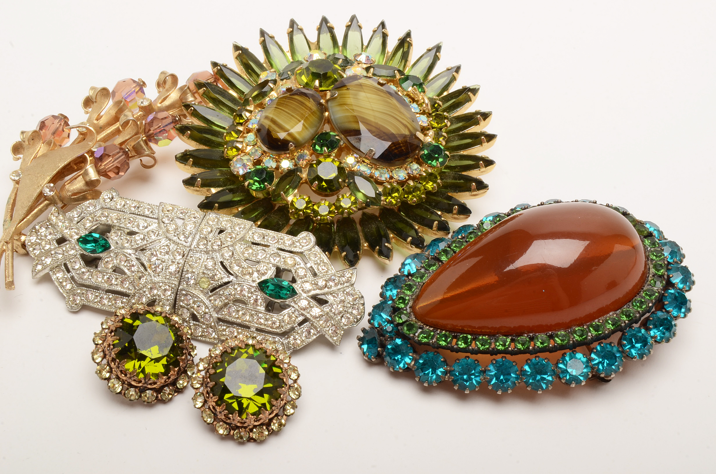 Vintage Rhinestone Costume Jewelry with Shoe Clip Brooch