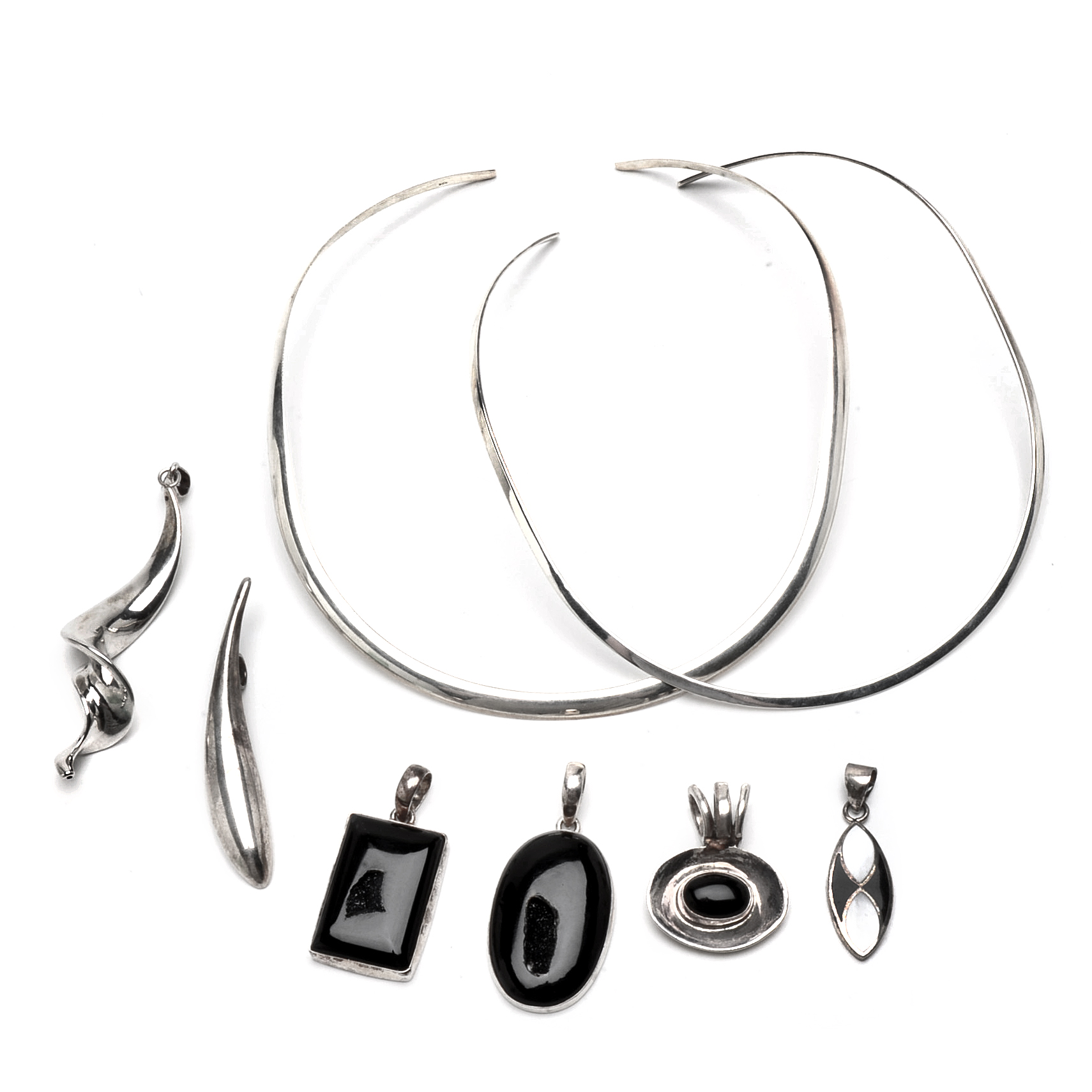 Sterling Collar Necklaces with Agate and Onyx Pendants