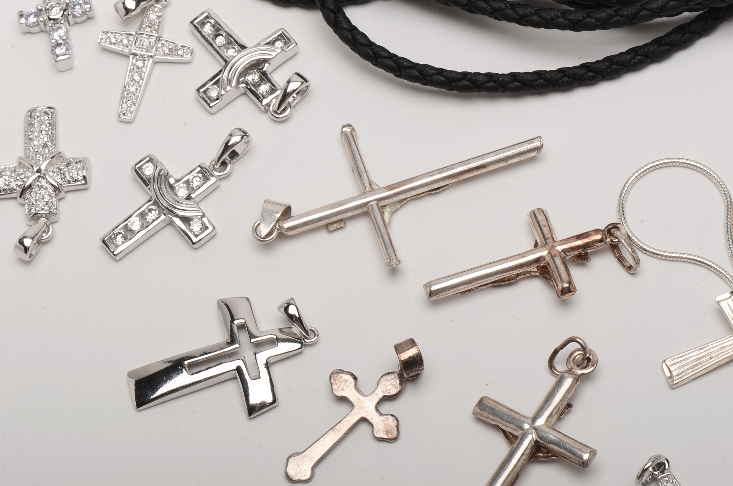 Sterling Silver Snake Chain and Cords With Cross Pendants